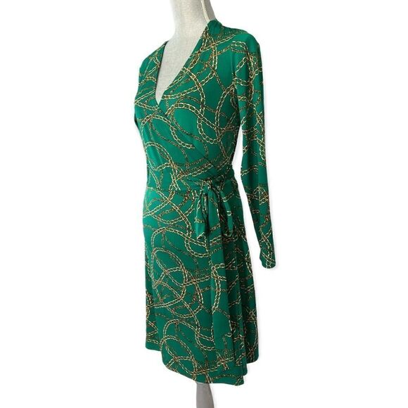C. Wonder Chain Print Ultra Marine Green Long Sleeve Self Tie Wrap Dress Size S - Picture 6 of 7